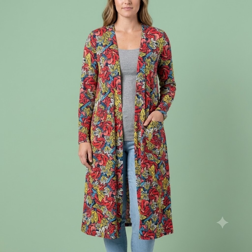 LuLaRoe Sarah Duster Cardigan Women L Multicolor Knit Floral EUC
